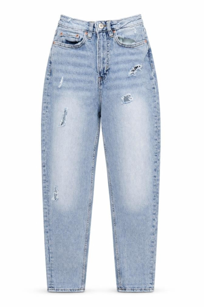 Front view of H&M Women’s Blue Distressed Mom Jeans, size UK 6