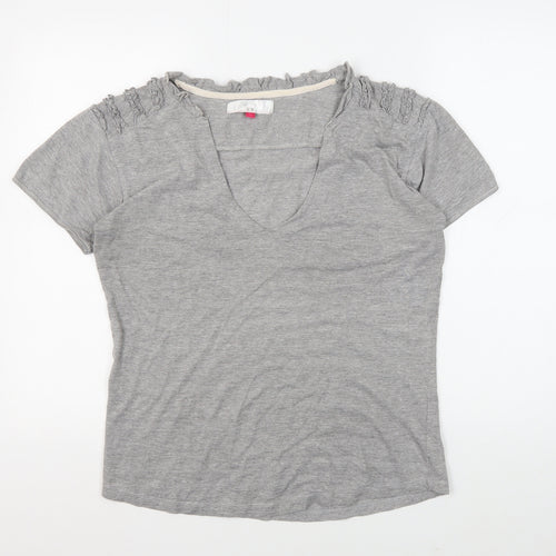 Women's Grey V-Neck T-Shirt with Ruffle Accent