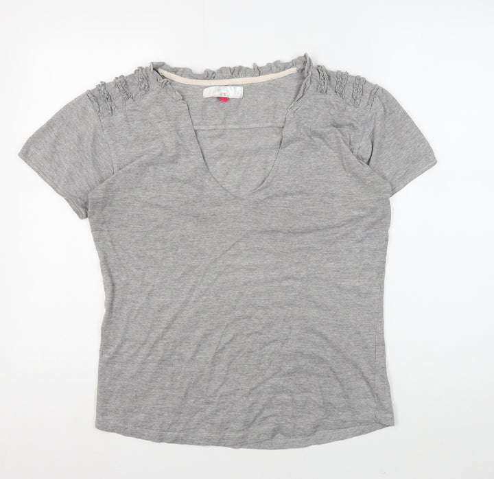 Women's Grey V-Neck T-Shirt with Ruffle Accent