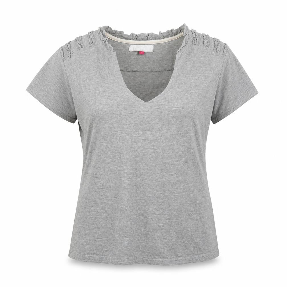 Front view of Women's Grey V-Neck T-Shirt with Ruffle Accent