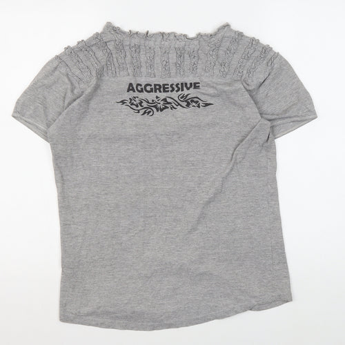 Women's Grey V-Neck T-Shirt with Ruffle Accent