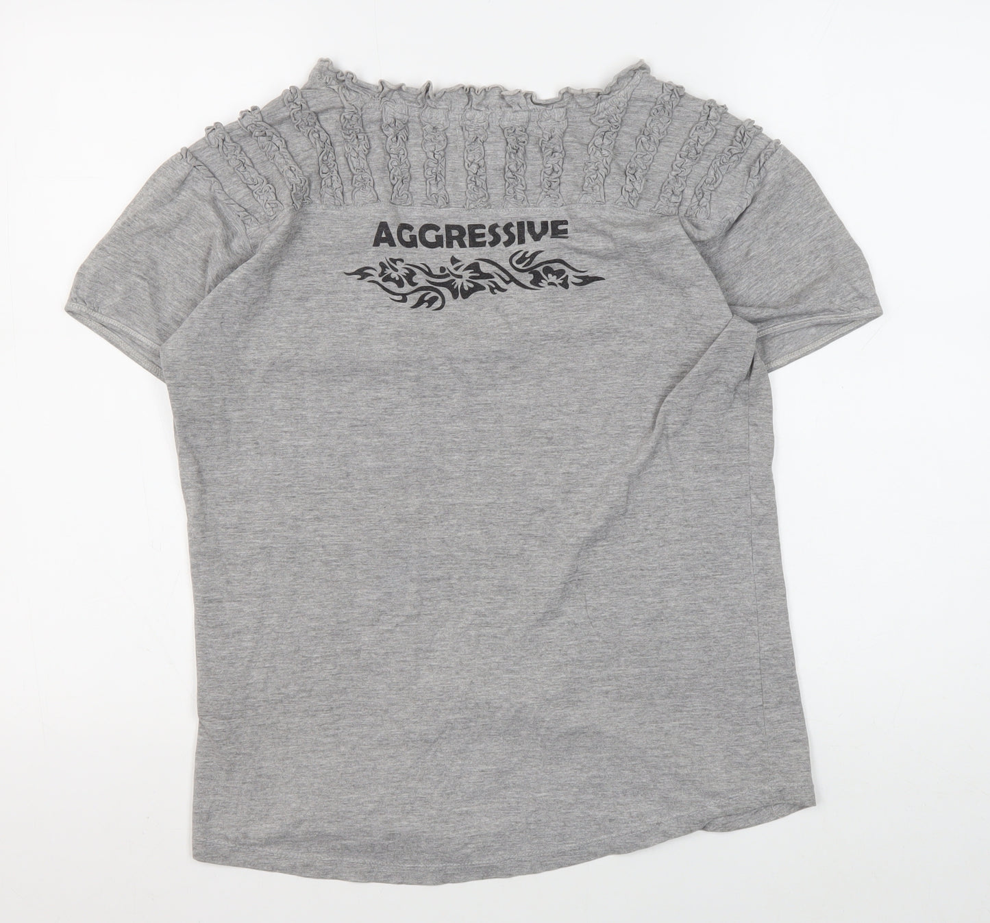 Women's Grey V-Neck T-Shirt with Ruffle Accent
