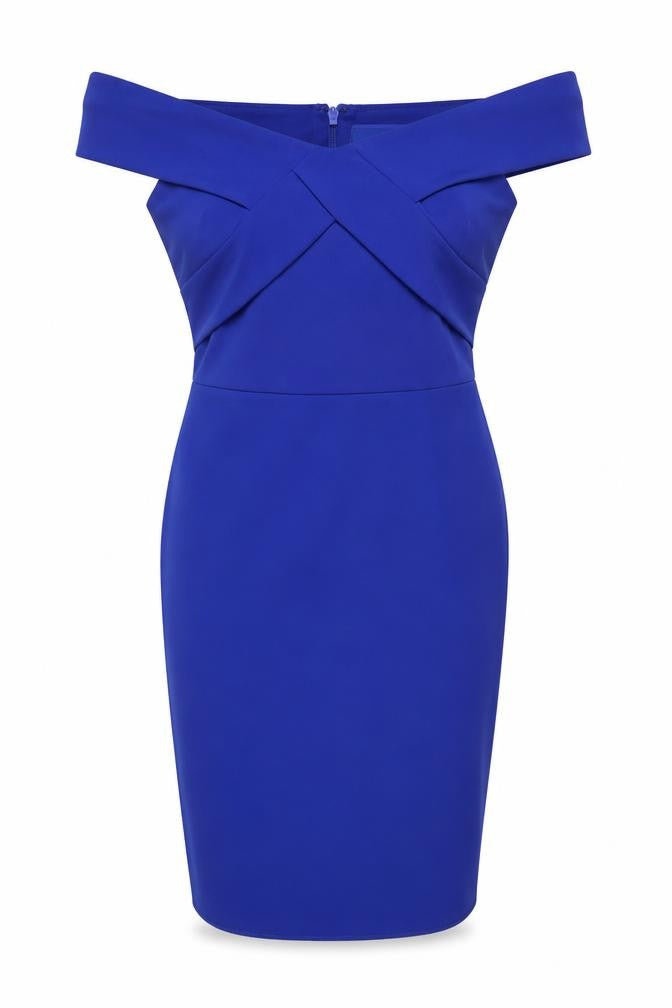 Front view of River Island Women's Blue Off Shoulder Sheath Dress