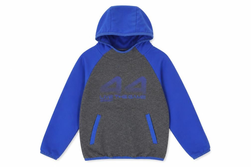 Front view of Dunnes boys’ grey blue pullover hoodie 6-7 years