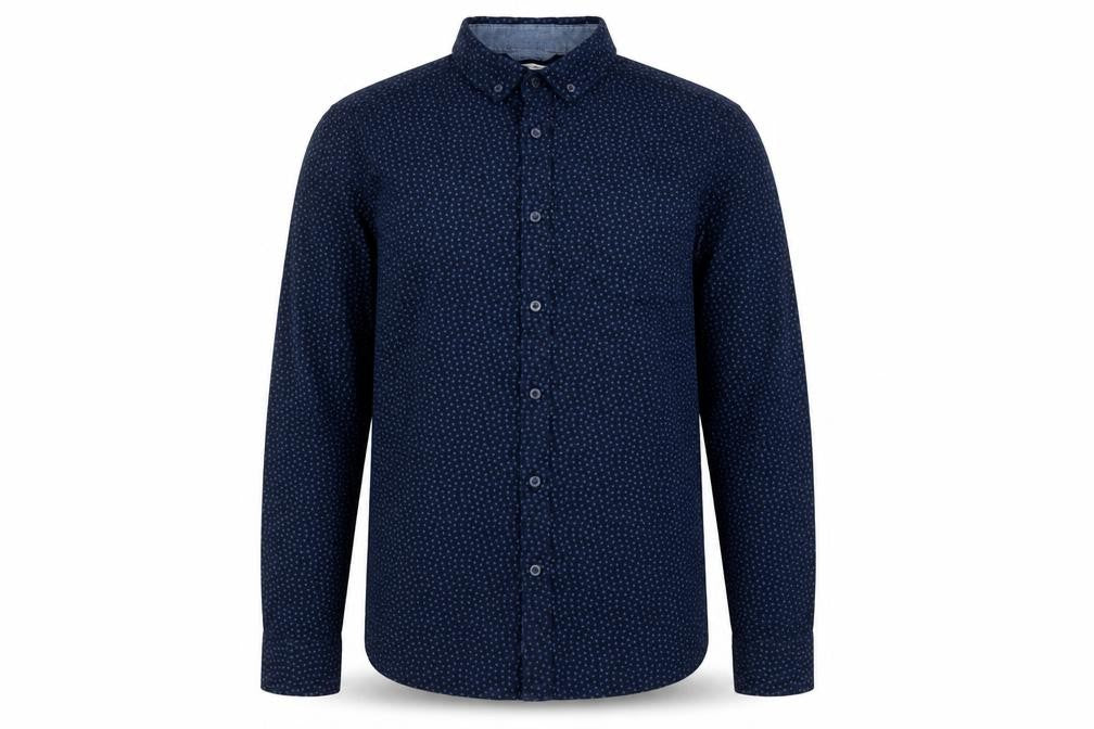 Front view of Criminal Men's Blue M Geometric Button-Up Shirt