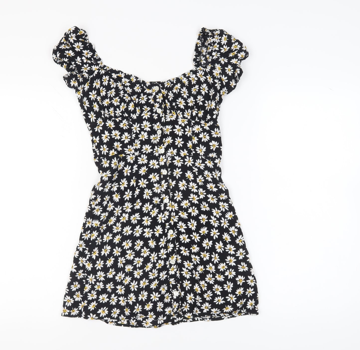 Bershka Women's Black Floral Puff Sleeve Mini Dress