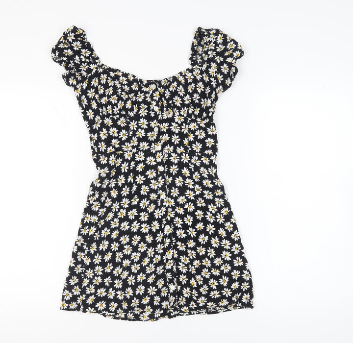 Bershka Women's Black Floral Puff Sleeve Mini Dress