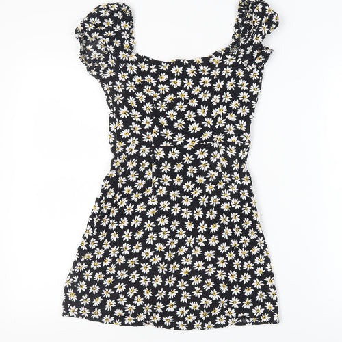 Bershka Women's Black Floral Puff Sleeve Mini Dress