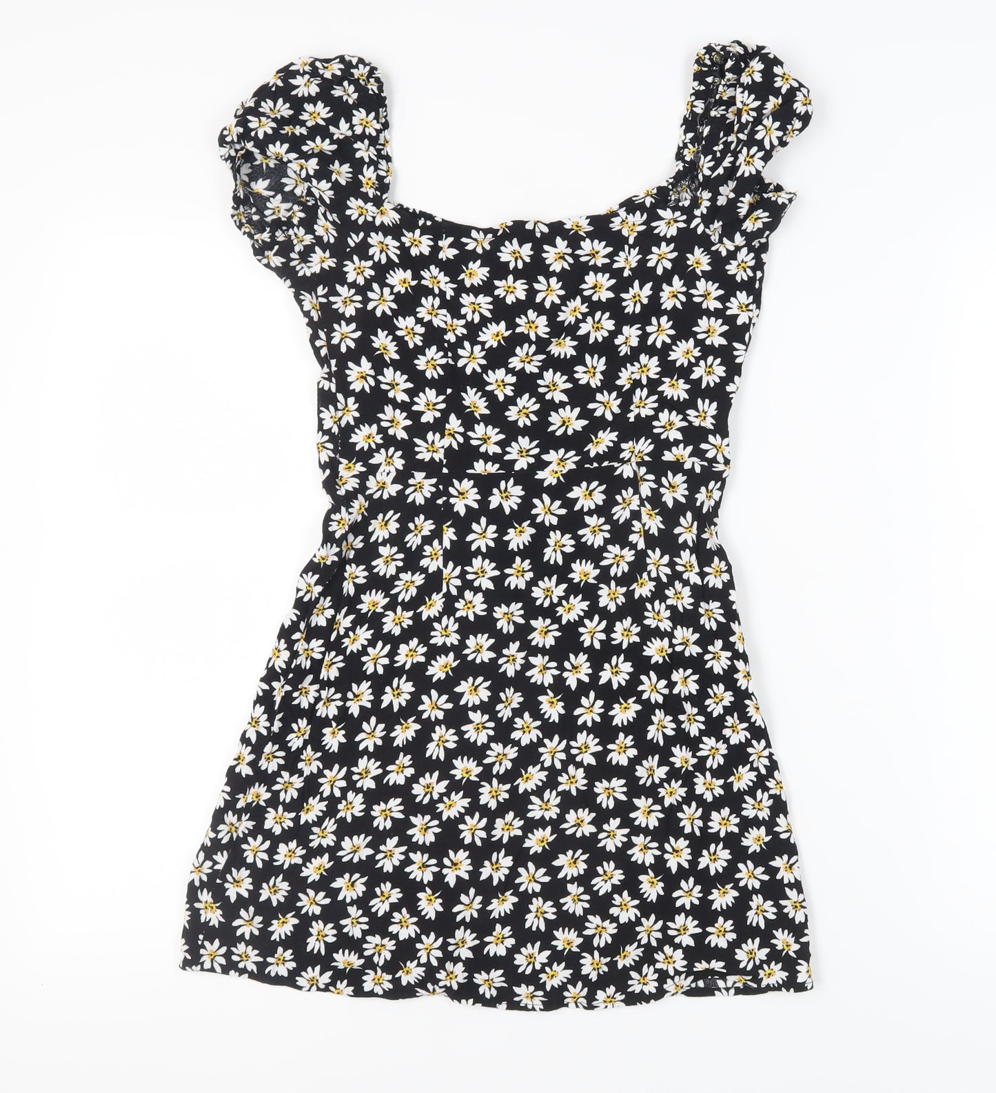 Bershka Women's Black Floral Puff Sleeve Mini Dress