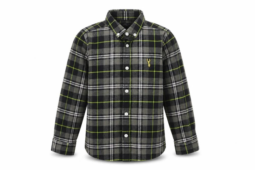 Front view of Next boys’ black grey plaid button-up shirt, 7 years
