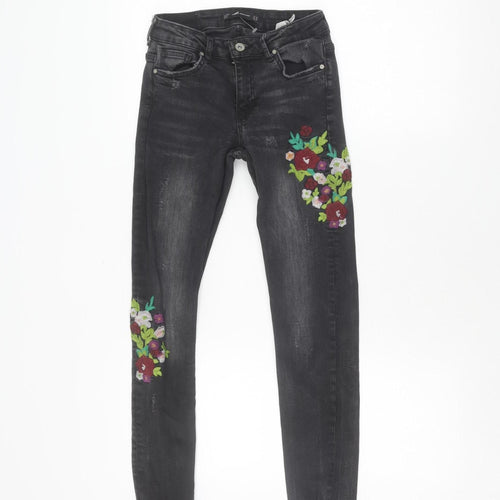 Zara Girls Black Floral Embroidered Skinny Jeans Size 6