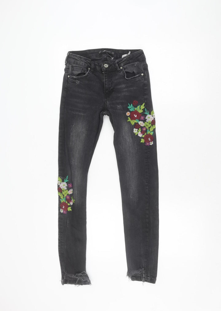 Zara Girls Black Floral Embroidered Skinny Jeans Size 6