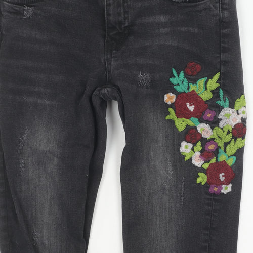Zara Girls Black Floral Embroidered Skinny Jeans Size 6