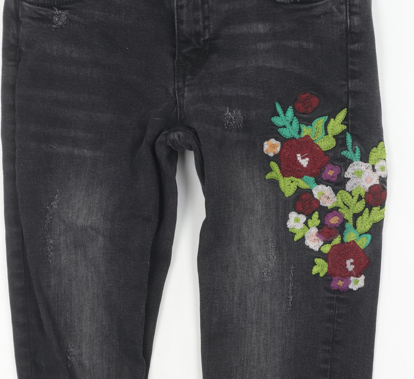 Zara Girls Black Floral Embroidered Skinny Jeans Size 6