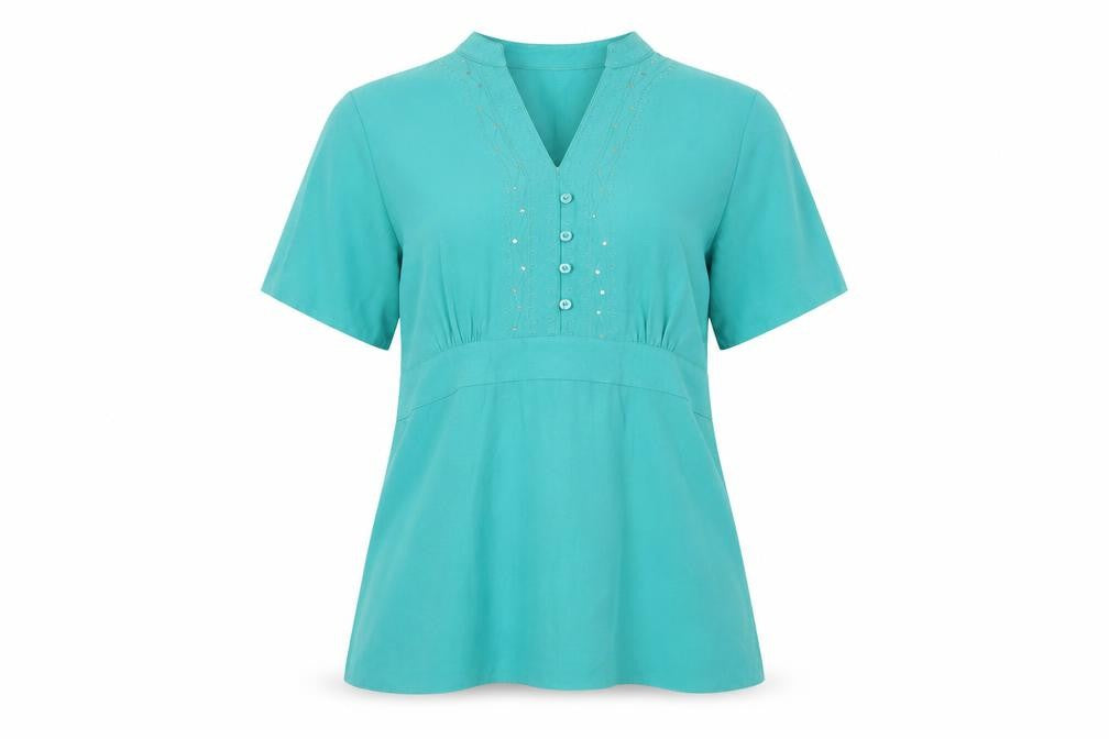 Front view of Style by EWM Women's Green Short Sleeve Blouse
