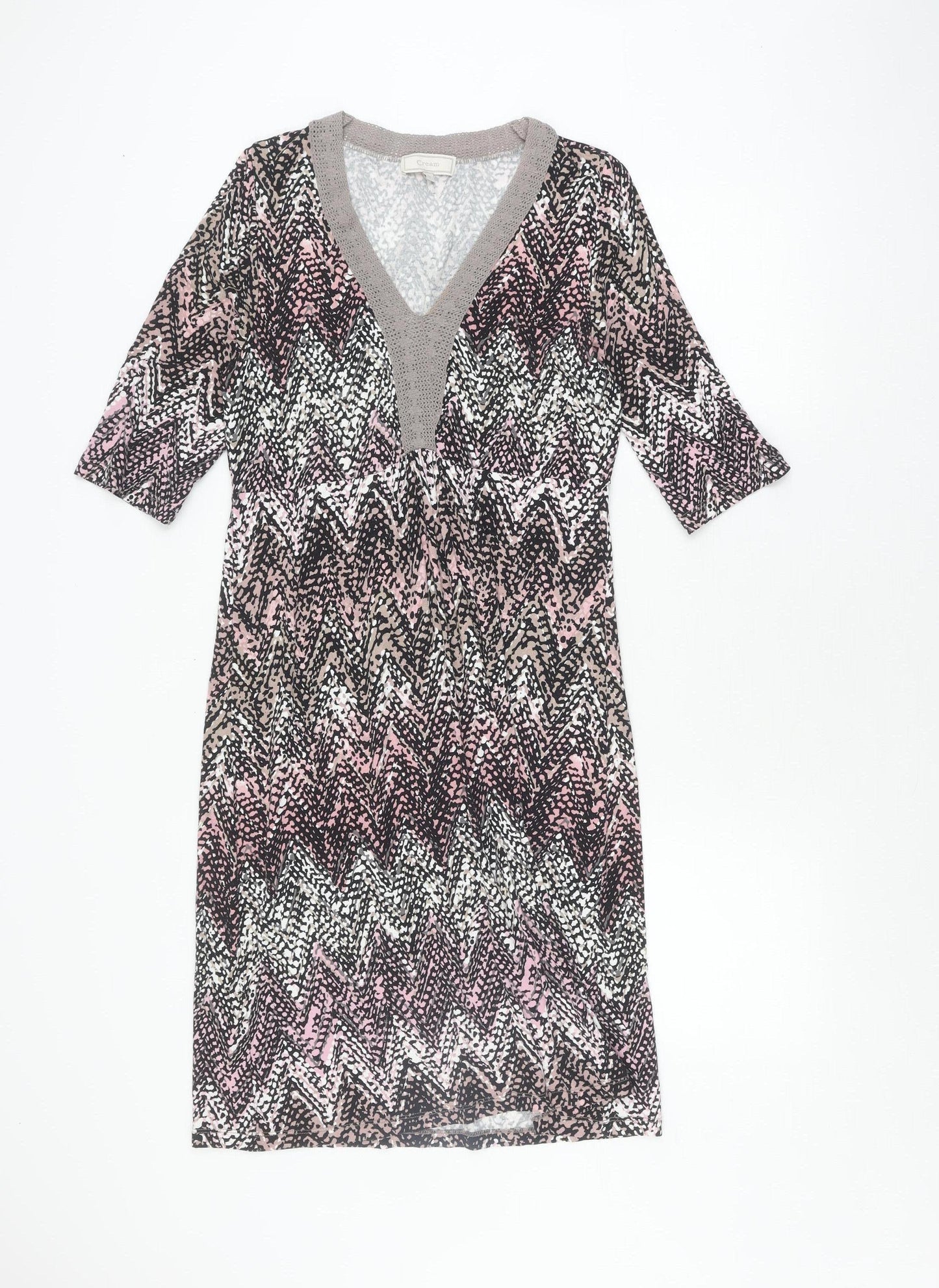 Cream Women's Multicoloured V-Neck Chevron Dress M