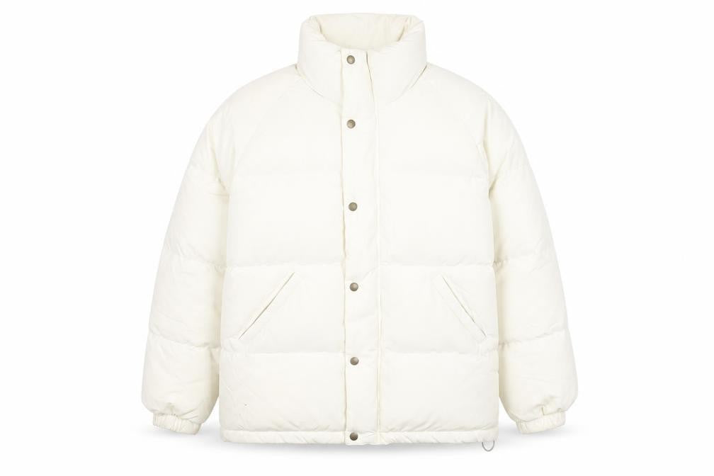 Front view of Women's White Puffer Jacket by The Barnet, size 12, Winter Ready