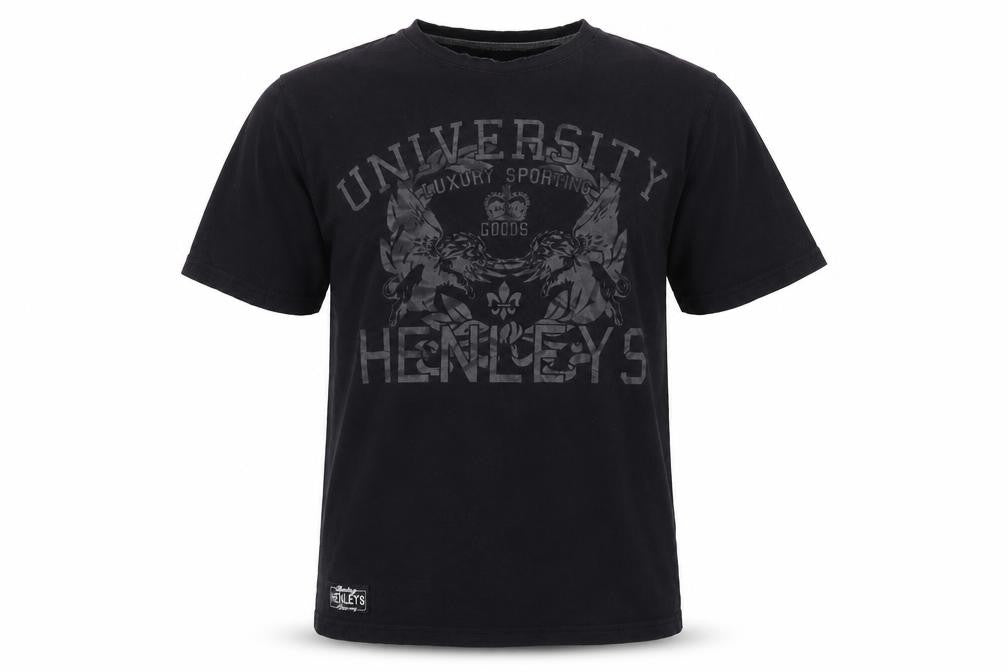 Front view of Henleys Men's Black University Graphic T-Shirt, size L