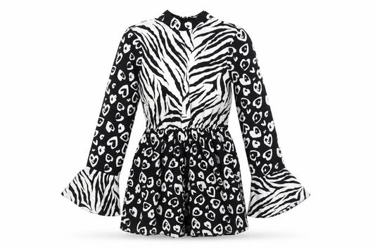 Front view of ASOS Women's Black White Animal Print Playsuit, size 8