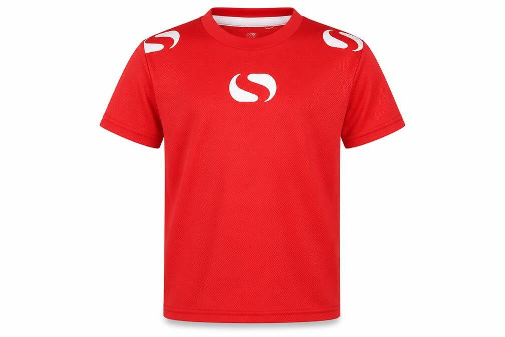 Front view of Sondico boys’' red polyester sport t-shirt, size 7-8