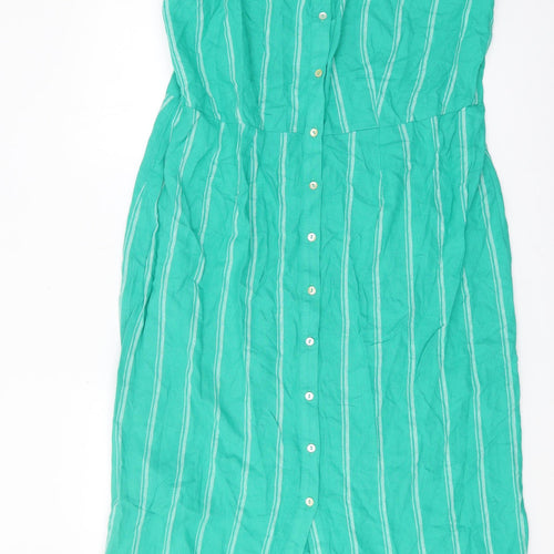 Marks and Spencer Women's Green Striped Midi Shirt Dress - Size 18