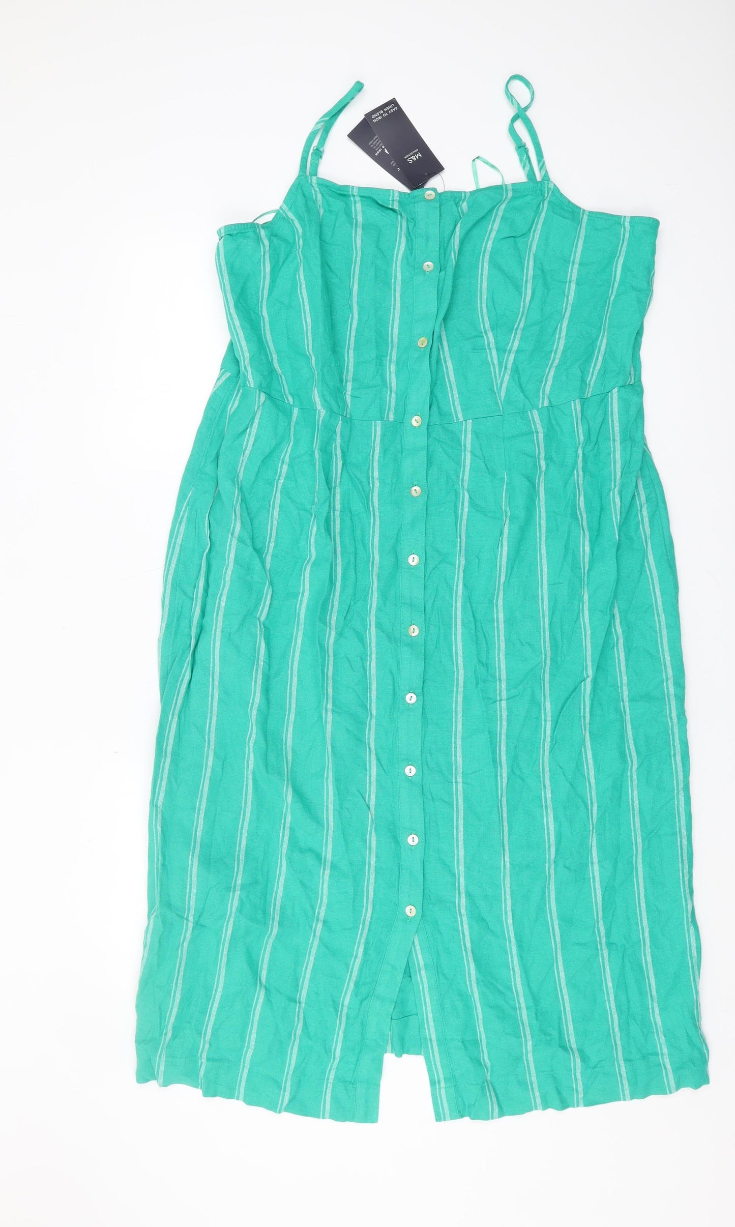 Marks and Spencer Women's Green Striped Midi Shirt Dress - Size 18