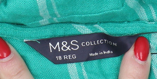 Marks and Spencer Women's Green Striped Midi Shirt Dress - Size 18