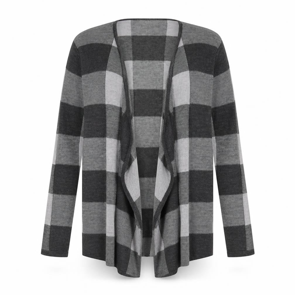 Front view of VIZ-A-VIZ Women's Grey Check Cardigan, size 14