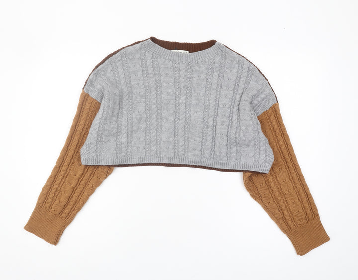 Stradivarius Women's Grey and Brown Cable-Knit Jumper