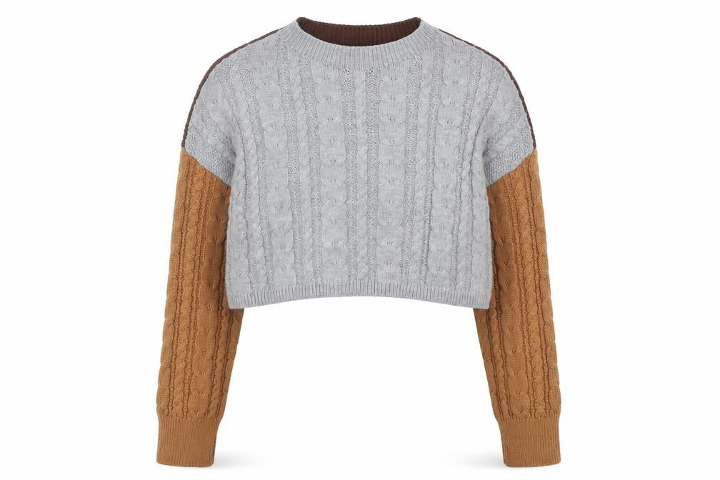 Front view of Stradivarius Women's Grey and Brown Cable-Knit Jumper