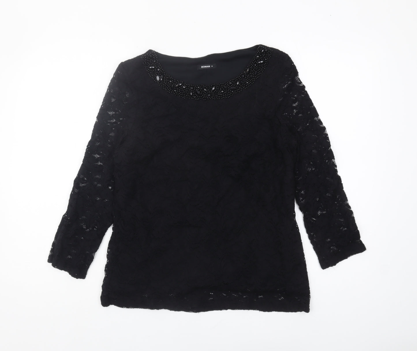 Roman Women's Black Lace Top with Beaded Neckline