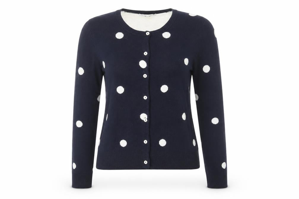 Front view of Mint & Berry Women's Blue Polka Dot Cardigan XS