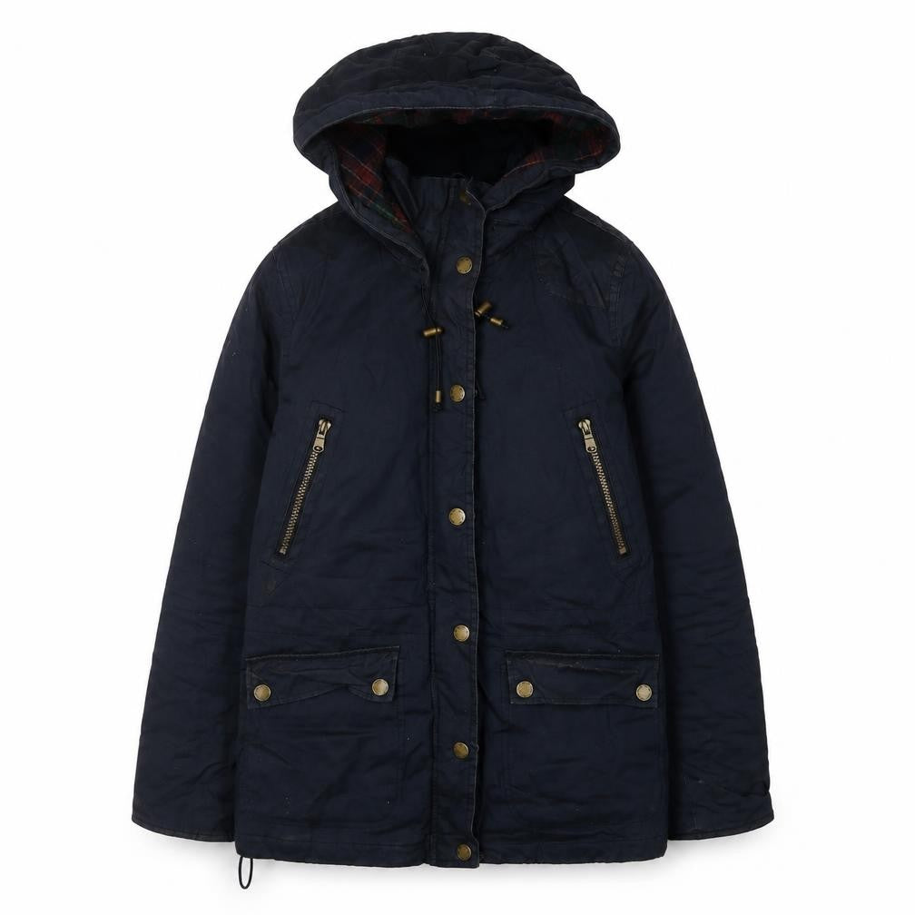 Front view of L.O.G.G. Women's Blue Parka Jacket, size 10, Hooded