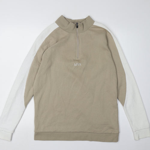 BoohooMAN Beige Sweatshirt, Men's L, Logo Zip Design