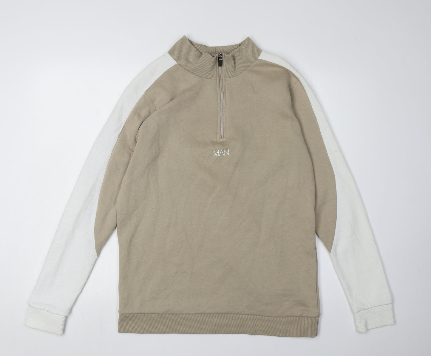 BoohooMAN Beige Sweatshirt, Men's L, Logo Zip Design