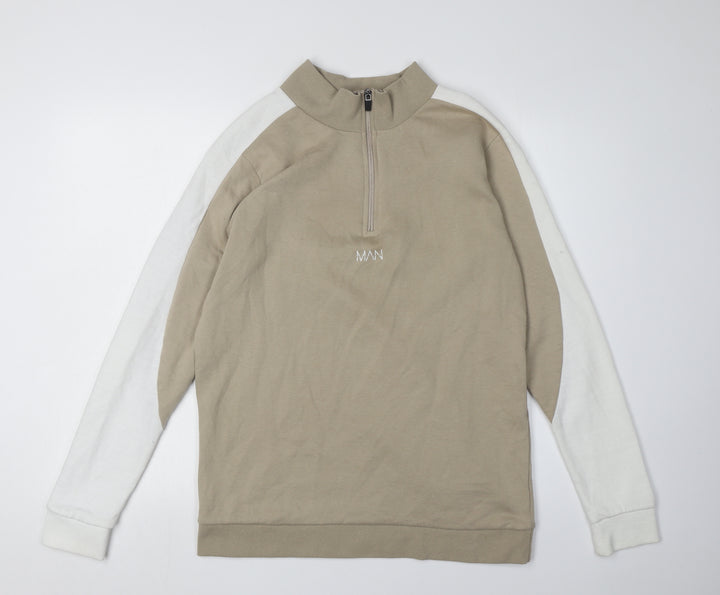 BoohooMAN Beige Sweatshirt, Men's L, Logo Zip Design