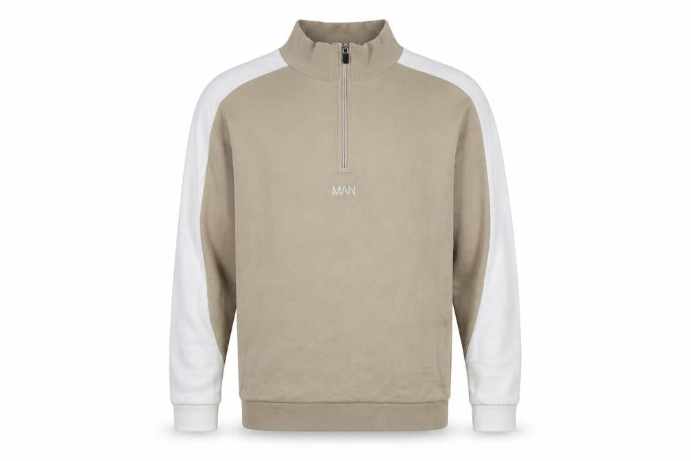 Front view of boohooMAN Beige Sweatshirt, Men's L, Logo Zip Design