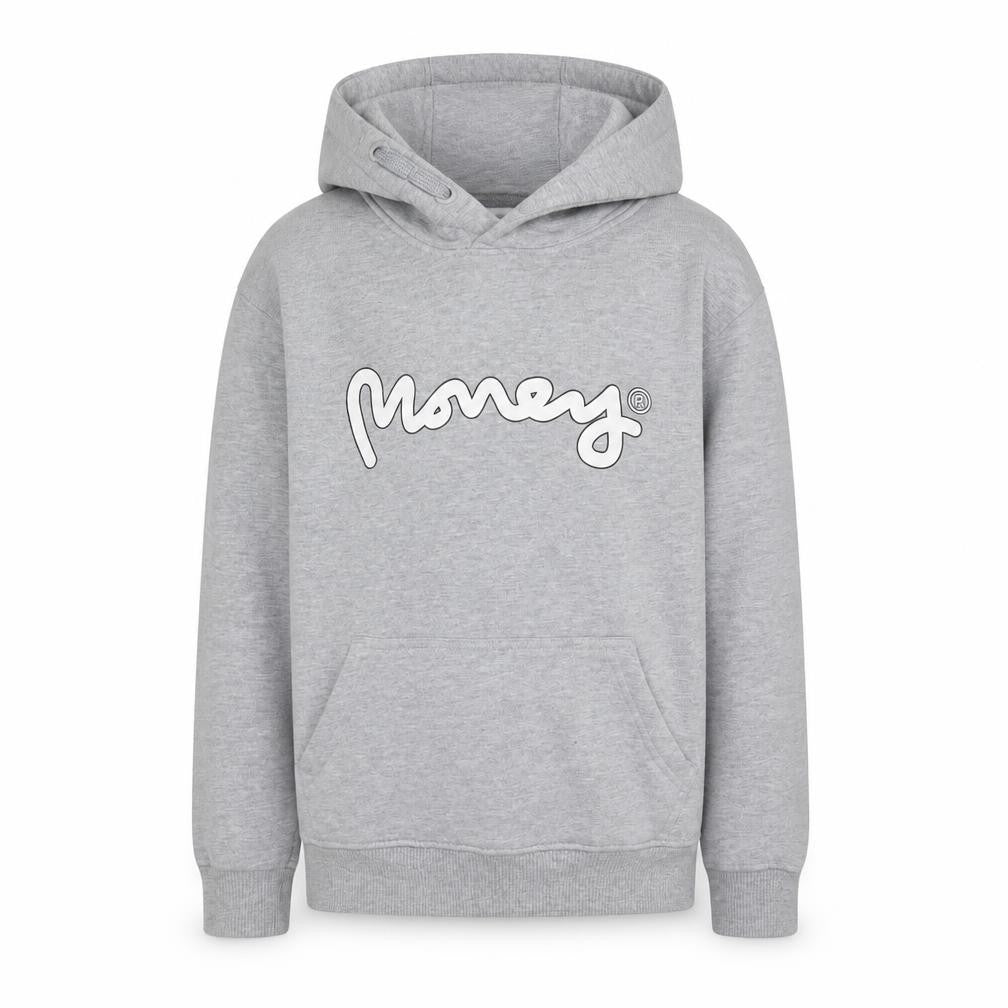 Front view of Money boys’ grey hoodie - casual graphic pullover, size 8-9, years