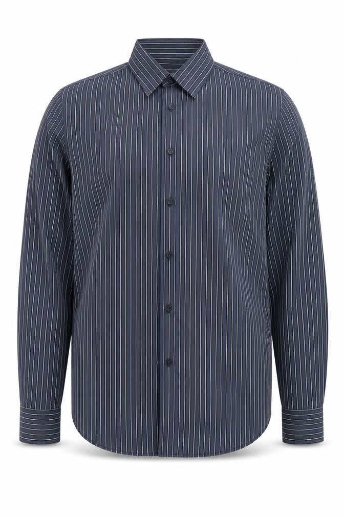 Front view of Marks & Spencer Men's Blue Striped Shirt, size 16, Regular Fit