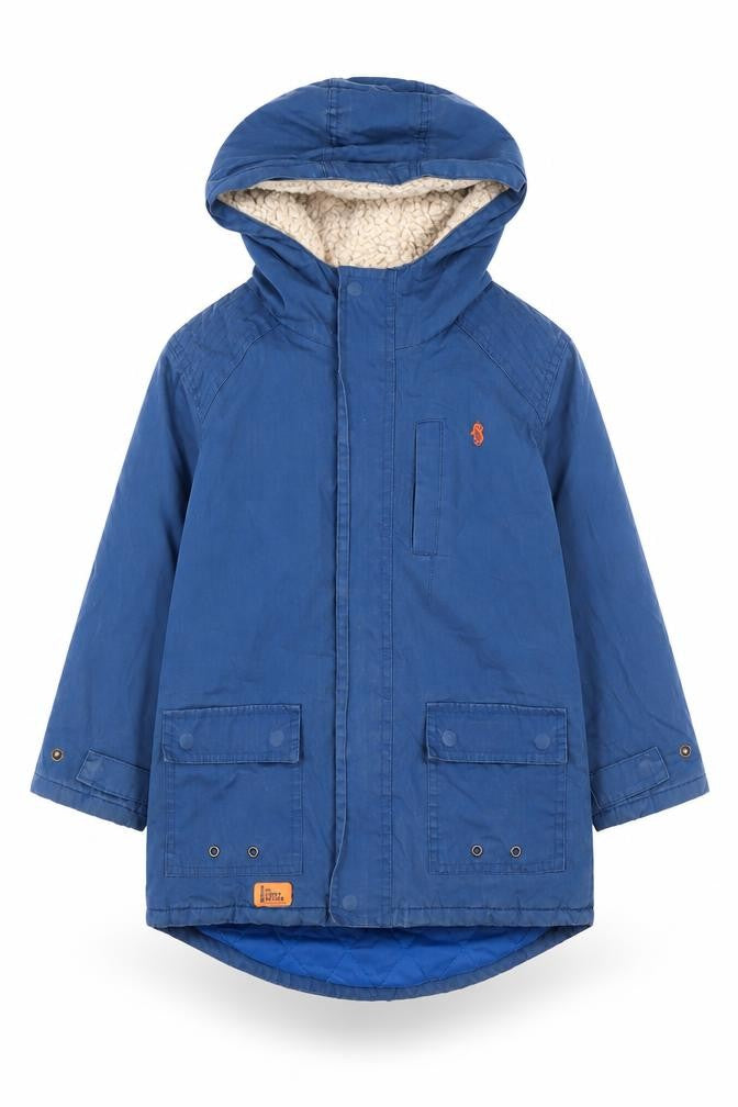Front view of Little Lighthouse boys’ blue hooded jacket 5-6 years