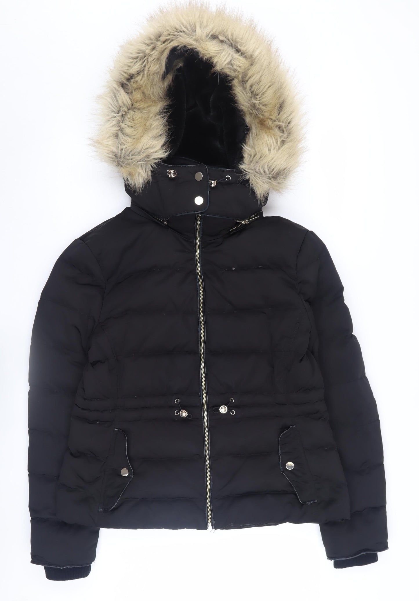 Zara Women's Black Puffer Jacket L Hooded Winter