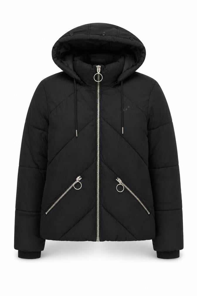 Front view of Topshop Women's Black Puffer Jacket, size 6