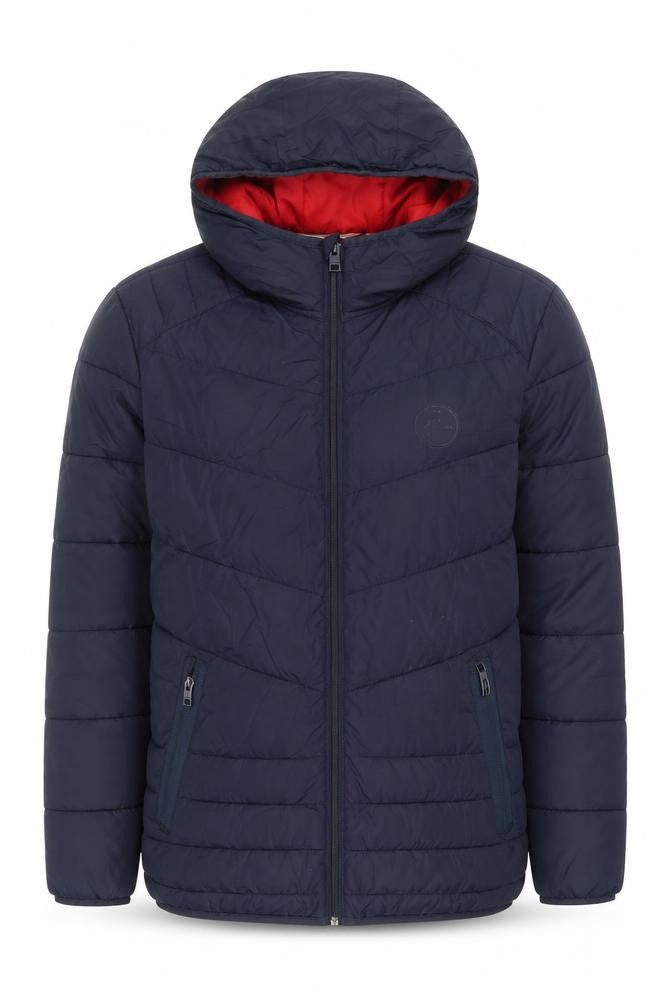 Front view of Jack & Jones Men's Blue Puffer Jacket S - Hooded, Zipped Pockets