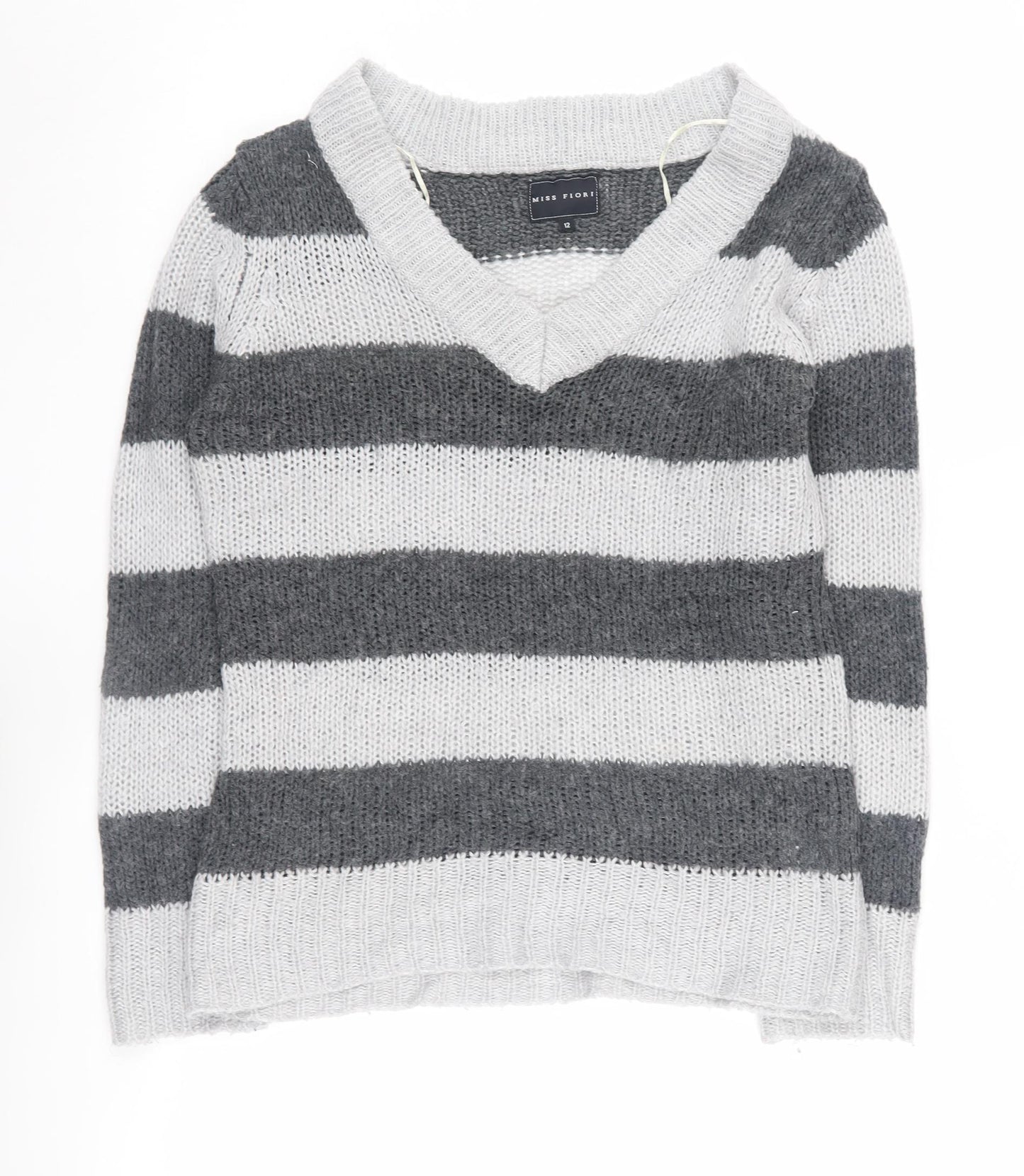 Miss Fiori Women's Grey Striped Pullover Jumper Size 12