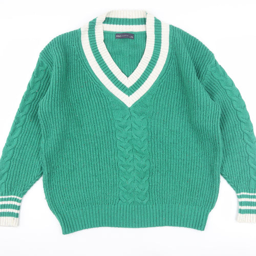 Marks and Spencer Women's Green Cable-Knit V-Neck Jumper M