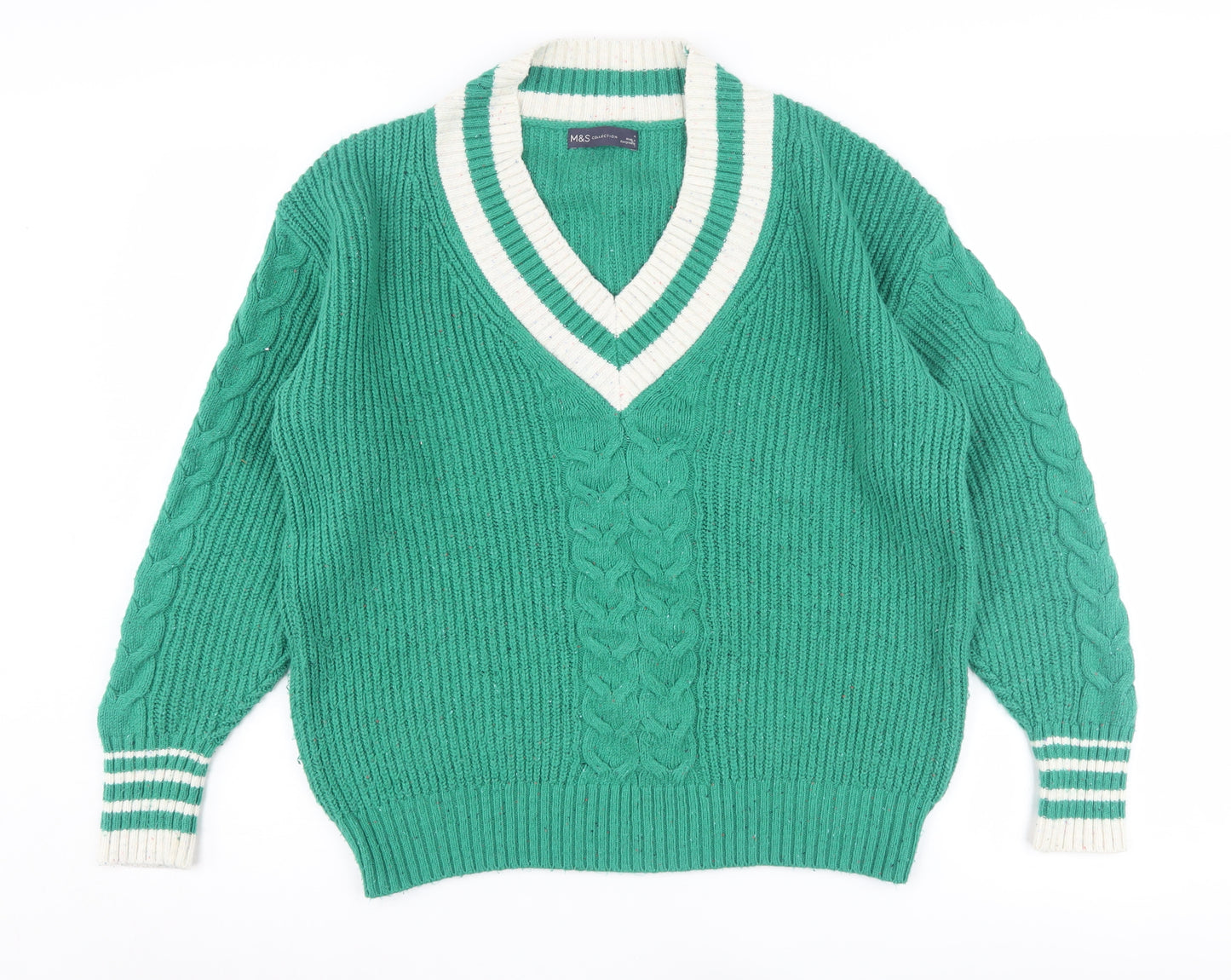 Marks and Spencer Women's Green Cable-Knit V-Neck Jumper M