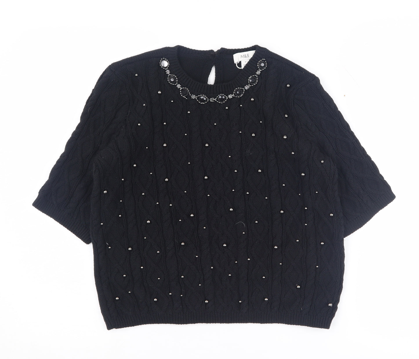 Marks and Spencer Women's Black Beaded Cable-Knit Jumper M