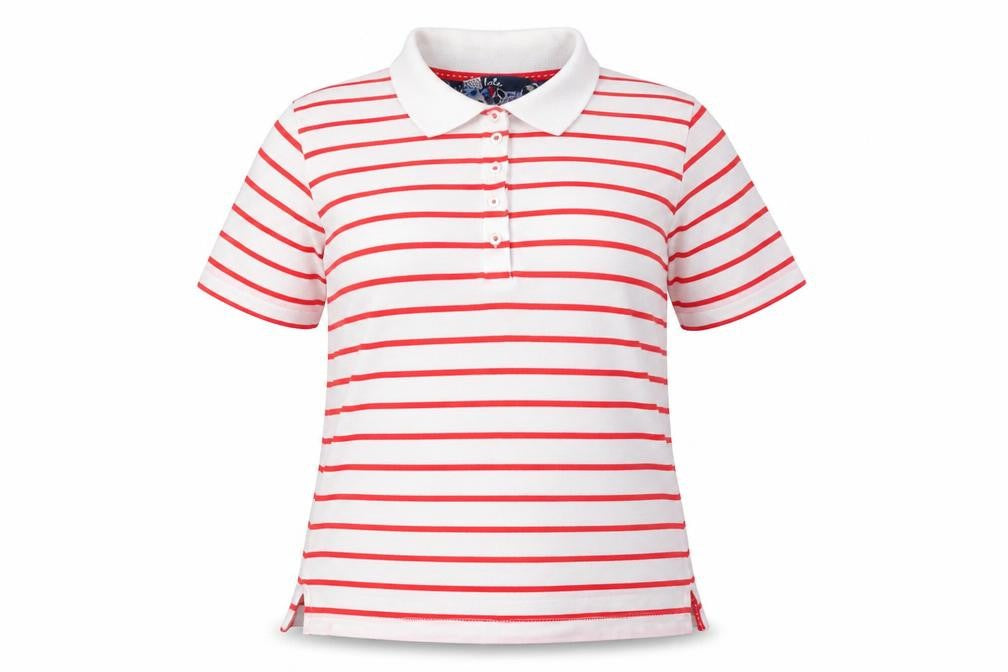 Front view of Isle Women's Red Beige Striped Polo M Collared Shirt