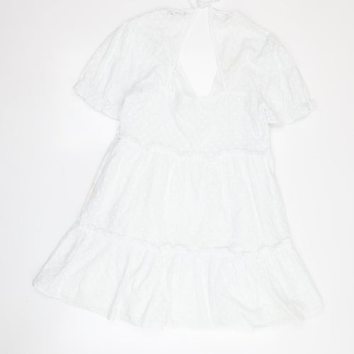 Zara Women White Mini Dress XL V-Neck Lace Puff Sleeve