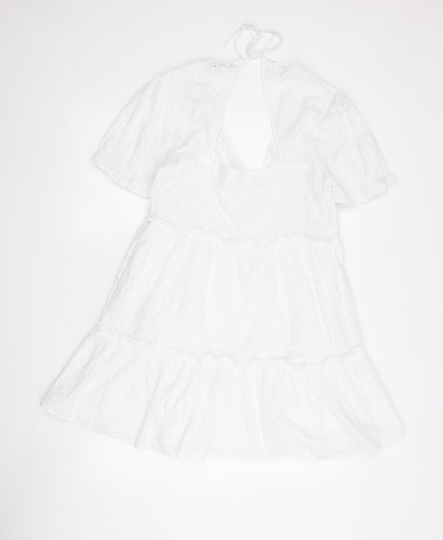 Zara Women White Mini Dress XL V-Neck Lace Puff Sleeve